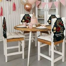 1 pieza/4 piezas/6 piezas Serie Eid Mubarak, Farol dorado, Diseño con patrón en forma de arco, Cubierta de silla de tela de felpa con estampado de ramas doradas y rosa roja, Protector de respaldo de silla de tela de felpa corta y extraíble - Multicolor - Ver 5