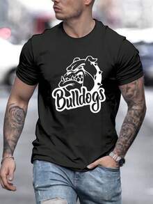 Camiseta de algodón con estampado gráfico de bulldog para hombres - Corte holgado, cuello redondo, manga corta. Negro con diseño blanco para deportes al aire libre. Camping; Ropa Casual - Comodidad para Todas las Estaciones Camisetas de Camping - Negro - Ver 1
