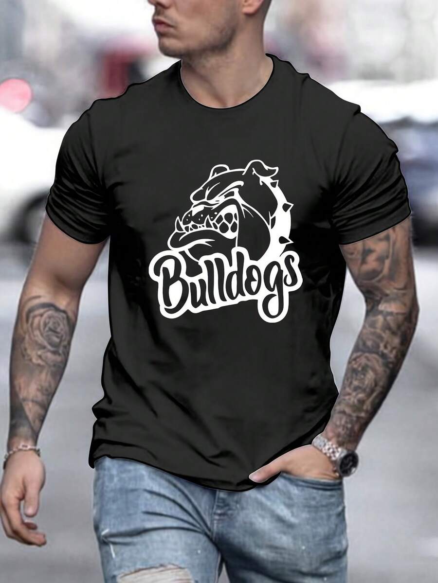 Camiseta de algodón con estampado gráfico de bulldog para hombres - Corte holgado, cuello redondo, manga corta. Negro con diseño blanco para deportes al aire libre. Camping; Ropa Casual - Comodidad para Todas las Estaciones Camisetas de Camping - Negro - Ver 1