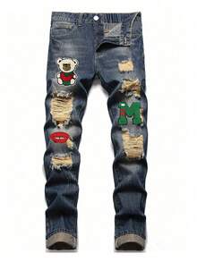 Tween 男童字母与熊破洞牛仔裤 - 中等水洗藍 - 查看 4