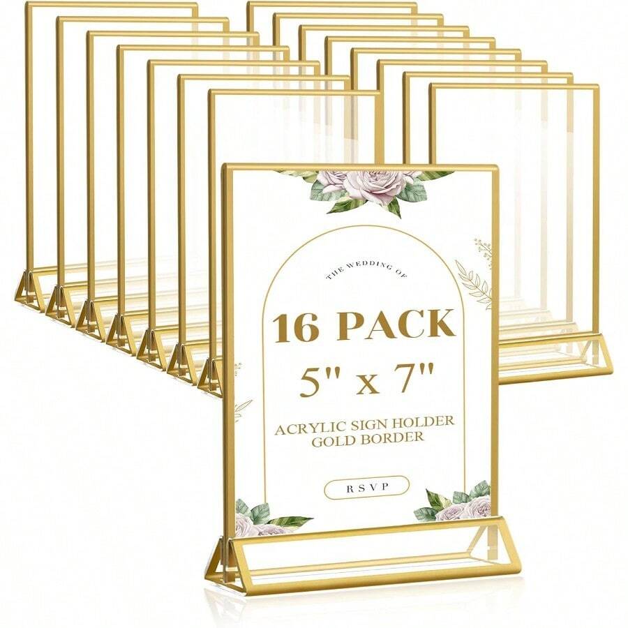 Smarpau Gold Acrylic Sign Holder 5x7 Double-Sided Display Stand Clear Picture Frames/Flyer Holder/Menu Holder/Table Number For Wedding Home Offices 16Pcs - Vàng - Xem 1