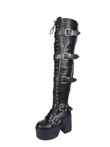 Women's Platform Lace-Up Side Zipper Boots, Square Toe Thick Sole Rivet Wedge Over-The-Knee Fashion Riding Boots