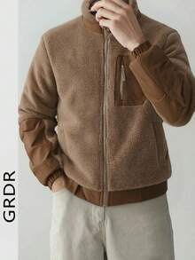 Men's Oversized Vintage Streetwear Loose Casual Fleece Jacket - Camel - View 2