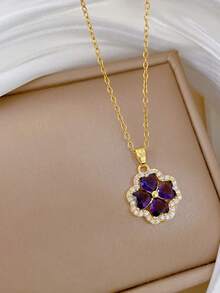 1 Set de Collar y Aretes de Flor de Cuatro Hojas Morada de Acero Inoxidable, Conjunto de Joyas de Moda, Collar y Aretes de Lujo Versátiles con Micro Incrustaciones Personalizadas, Accesorios de Regalo - Dorado - Ver 2
