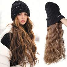Heat-Resistant Synthetic Long Wave Hairpiece With Elastic Knit – Versatile Straight & Curly Style - 黑帽1b - 查看 4