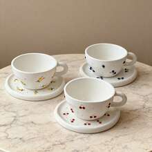 1 Set Creative Minimalist Hand-Pinched 3D Embossed Blueberry, Cherry, Lemon, Strawberry Ceramic Coffee Cup & Saucer, Mug Tableware - Multicolor - View 2
