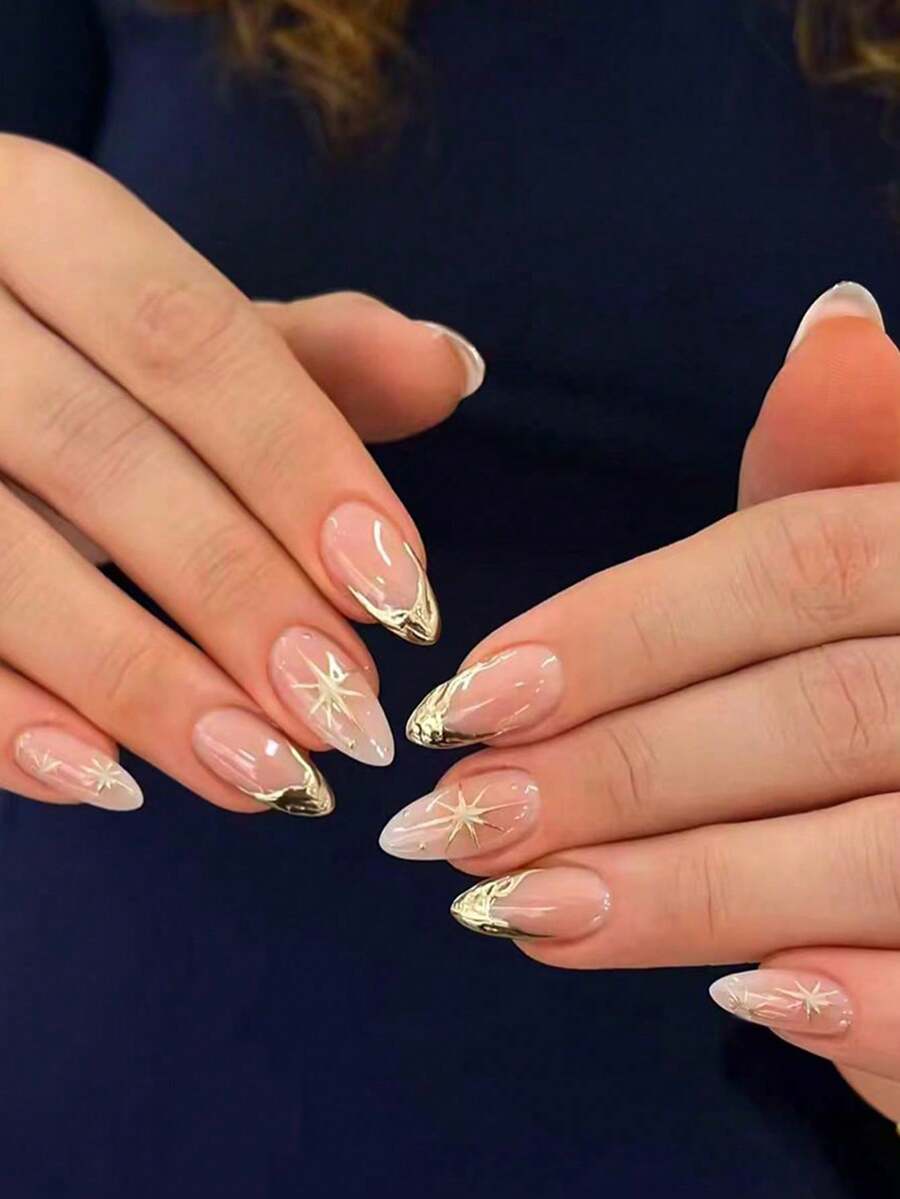 24 Stück handgefertigte mandelförmige 3D-Gel-Nagelkunst, goldener Sternenhimmel-Nageldesign, goldene French Stiletto Klebenägel, perfekt passendes Acryl-Nagelset, enthält: 1 Stück Jelly Gel und 1 Stück Nagelfeile