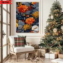 Enmarcado [2D Plano] 1 Pieza 2D Plano Patrón Floral y de Hojas en Naranja, Azul Marino, Amarillo y Gris| Decoraciones de regalo para el Día de Acción de Gracias y otras festividades, muy adecuadas para el hogar, habitación, sala de estar, dormitorio, decoración de baño, arte en lienzo con marco de madera, disponibles enúltiples tamaños, se pueden colgar directamente sin instalación. - Multicolor - Ver 3