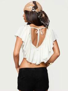 Women's Ruffled V-Neck Crop Top Short Flutter Sleeve Boho Chiffon Blouse - trắng - Xem 6