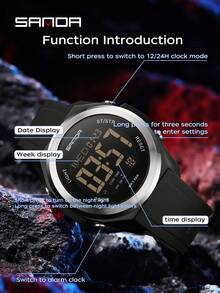 SANDA 2199 Nouvelle montre électronique numérique mode homme, multifonction étanche avec alarme, rétroéclairage coloré, montre pour étudiant - Noir - Voir 2