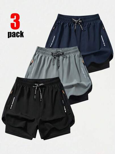 3 piezas Pantalones cortos de verano para hombres de seda de hielo de secado rápido 2 en 1, pantalones cortos casuales de bermudas para deportes al aire libre