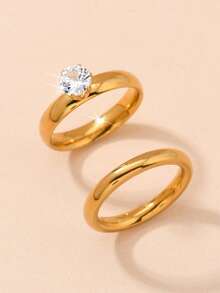2pcs Stainless Steel Golden Simple And Vintage Heart-Shaped Rings Couple Engagement Promise Rings , Rings Set Suitable For Women's Daily Decoration Or Wedding Proposals Valentine's Day Gift ,Mom,Mother,Mother's Day,Gift - Gold - View 2