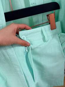 Linen Shirt And Shorts Set (2 Pieces) - Mint Green - View 4