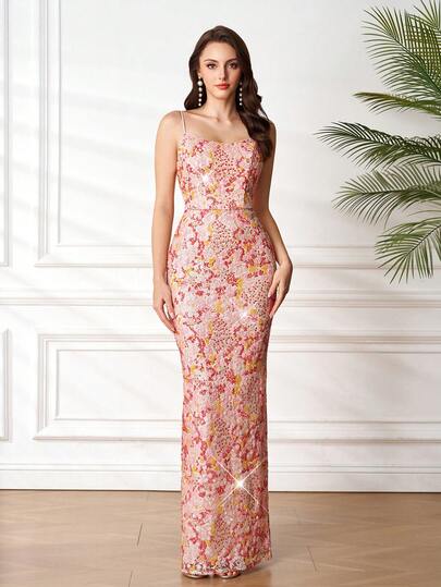 Romantic Sequin Backless Spaghetti Strap Sweet Pink Dress, Suitable For Birthday Party, Wedding Guest