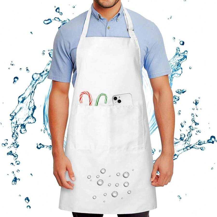Chef Apron For Men And Women Wash Free Bib Apron With 2 Pockets Water & Oil Proof Adjustable Aprons,White - White - 查看 1