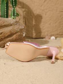 On feet& in love Women's Fashionable & Elegant Satin Rhinestone Strap Open Toe Slip-On Sandals, Suitable For Wearing With Dresses, Stiletto High Heels - Pink - View 7