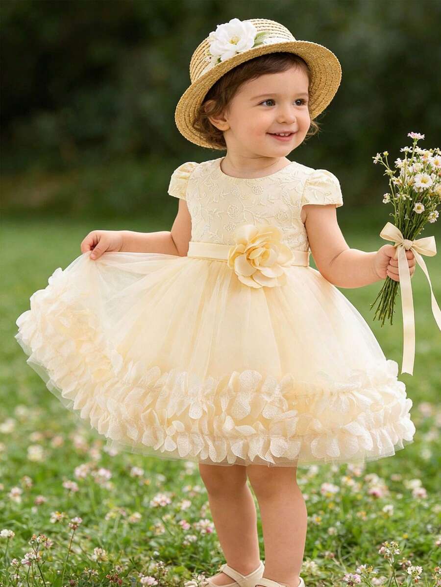 Váy công chúa màu vàng sâm panh thanh lịch với thiết kế hoa 3D cho bé gái, thích hợp cho đám cưới, khiêu vũ, tiệc tùng, sinh nhật, ngày của mẹ, mùa hè - Màu vàng - Xem 1