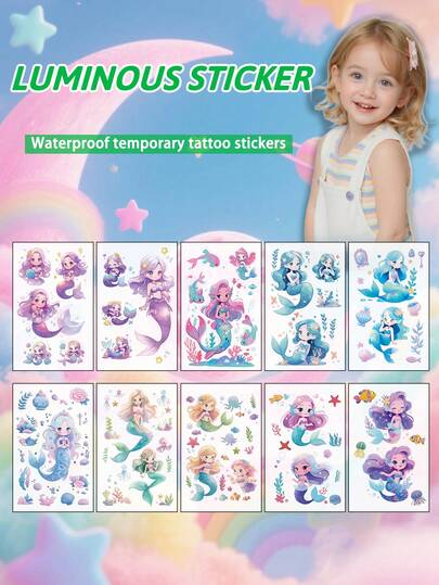 10pcs Cartoon Mermaid Temporary Tattoo Stickers, Glow-In-The-Dark Waterproof, One-Time Use For Children's Face, Arm, Waist, Chest, Leg, Abdomen, Neck, Hand, Finger, Back, Suitable For Dance Parties, Stage Performances, Modern Body Painting