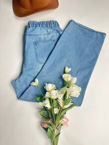 Calça Jeans de Tecido Trançado Tamanho Plus Size para Mulheres no Outono e Inverno, Não Elástico, Com Bolsos, Denim Confortável - Azul claro - Visão 6