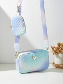 1 pieza Conjunto de bolso bandolera y monedero con patrón floral ondulado para niñas, 2 piezas de moda, color degradado aleatorio, adecuado para varias ocasiones - M2182 - Ver 4