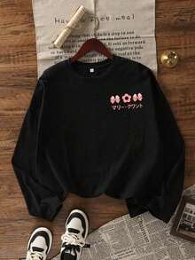 Black Graphic Print Round Neck Long Sleeve T-Shirt For Women, Casual Loose Versatile Top, Spring/Autumn - Black - View 6