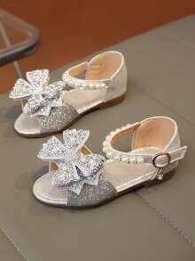 A Pair Of Girls' Cute Flat Shoes With Colorful Crystal Faux Pearls, Bow Ties, And Gretel Material, Suitable For Summer.,Kids Shoes,Girls Shoes - Silver - View 4