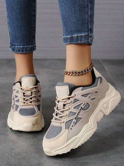 Beige Women's Chunky Sneakers, Suitable For Women's Contrast Color Letter Print Lace-Up Athletic Shoes, Thick Sole Increase Height, Non-Slip Outdoor Women's Contrast Color Round Toe Sports Shoes, Suede PU Beige Athletic Shoes