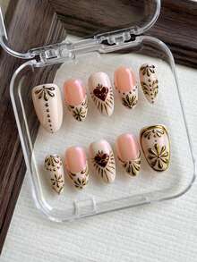 10 uñas postizas de almendra hechas a mano, puntas francesas, blanco, rosa aurora, superficie de uñas brillante, corazón de reina, uñas falsas pintadas a mano con cromo 3D, estilo gótico francés, adecuadas para decoración de uñas de niñas y mujeres para uso diario, boda, baile de graduación y vacaciones, incluye gelatina y lima de uñas - Multicolor - Ver 3