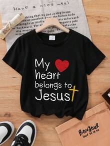 Girls "My Heart Belongs To Jesus" Heart & Letter Print Short Sleeve T-Shirt, Valentine's Day - Black - View 1