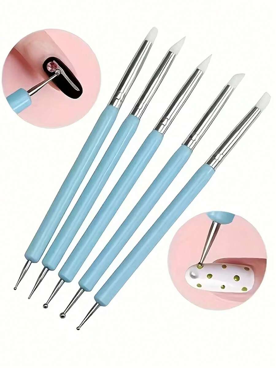 5pcs Nail Art Tool Kit, Includes Double-Ended Dotting Pen, Silicone Carving Pen, 5 Sets Of Nail Art Tools For Dotting And Carving - Baby Blue - View 1
