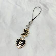1pc Metal Heart & English Letter A-Z Pendant Phone Lanyard, Black Vintage Style A-Z Letter & Elegant Butterfly Phone Charm