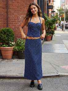 Women Long Skirt Outfit Dot Print Halter Neck Tank Tops And Low Rise Fishtail Skirt 2 Piece Set - 藍色 - 查看 1