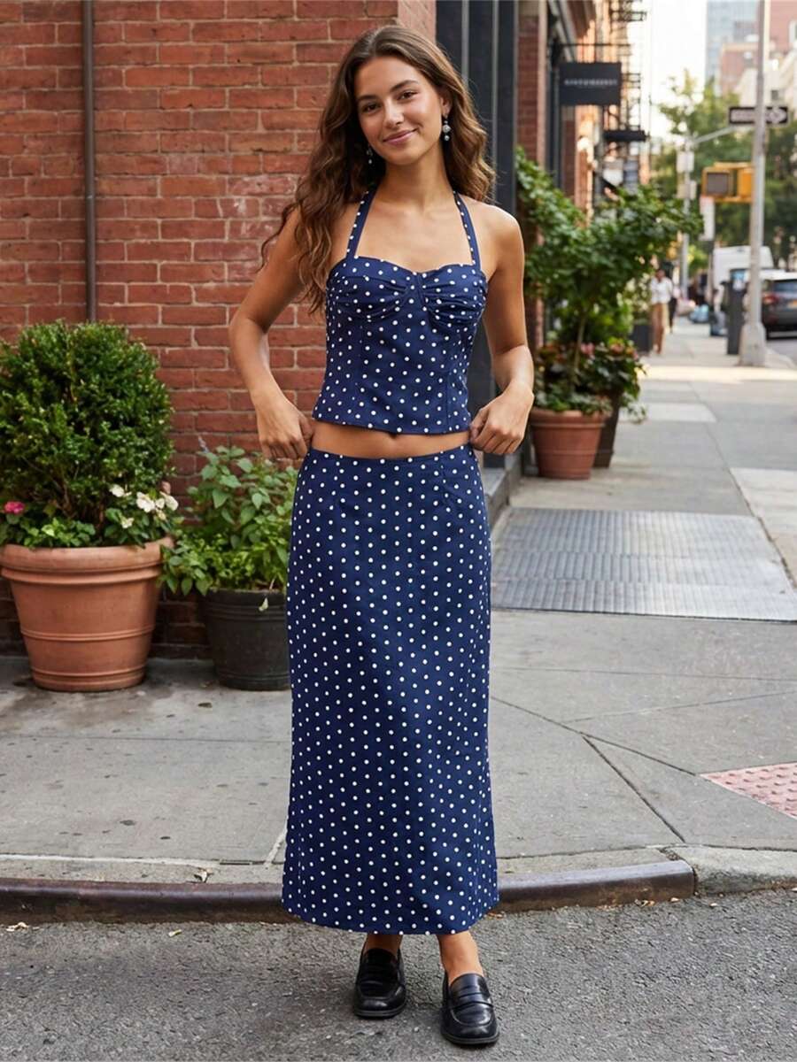Women Long Skirt Outfit Dot Print Halter Neck Tank Tops And Low Rise Fishtail Skirt 2 Piece Set - 藍色 - 查看 1