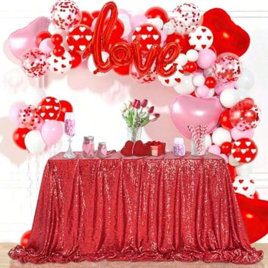QueenDream 60x102 Inch sequin tablecloth for wedding and party decor-Silver(228.6 x 396.2 cm (Rectangular) Rojo) - Multicolor - Ver 1