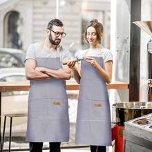 2 Pack Adjustable Bib Apron With 2 Pockets Chef CooFKing Kitchen Restaurant Aprons For Women Men,BluePinstripes - 藍色細條紋 - 查看 6