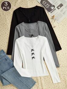 3pcs Slim Fit Sexy Lace V-Neck Ruffle Trim Women Long Sleeve Base Layer Tops - Multicolor - View 3