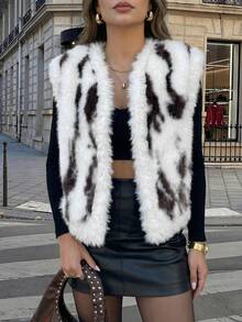 Colete Feminino De Luxo Branca Com Estampa Animal, Elegante, Felpudo E Macio, Ideal Para Festas De Carnaval, Saídas Noturnas, Streetwear Chique, Estilo Mafioso, Moda Antiga E Elegante. - Branco - Ver 3