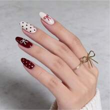 Polka Dot Press On Nails Medium Almond Fake Nails With Red Bow Design Stick On Nails Dark Red Nails Press Ons Reuasble Acrylic Glue On Nail For Women Girls Manicure 24Pcs - 彩色 - 查看 2