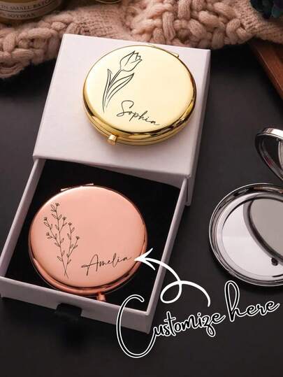 1 pieza Espejo personalizable con patrón y texto - La combinación perfecta de estilo exquisito y personalización. Este espejo personalizable con patrón y texto agregará el toque final a tu vida. (Incluye caja de regalo), Grabado, Material de acero inoxidable, Diseño lindo