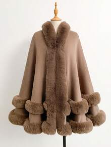 一件优雅纯色仿兔毛领连帽针织斗篷披肩，时尚百搭，加厚保暖宽松开衫外套，适合日常穿着，秋冬季节皆宜。 - 棕色 - 查看 3