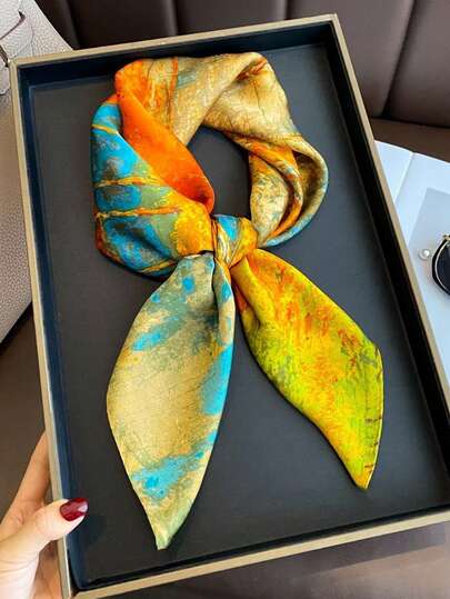 1pc Elegant Peacock Feather Patterned 70cm Silk-Like Square Scarf, Versatile Bandana, Waist Belt, Hair Accessory, Fashion Neck Scarf For Women