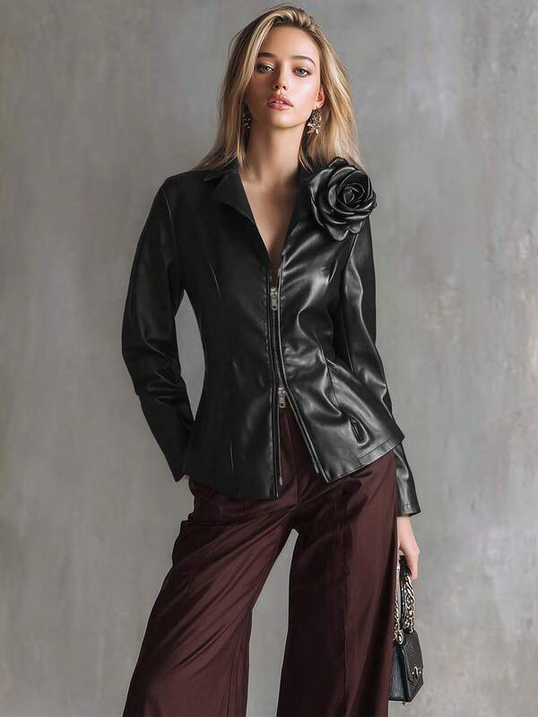 Modern Chic 3D Floral Design Black Leather Jacket For Women, Slim Fit Vintage Bomber Jacket, Solid Color, Spring/Autumn