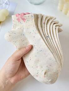 4 Pairs Women's White Ankle Socks With Floral And Bow Embroidery, Striped, Moisture-Wicking And Comfortable, Suitable For Spring And Summer, Random Colors