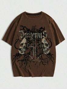 Men's Gothic Dark Skull And Cross T-Shirt 100% Cotton - Rỉ Nâu - Xem 1