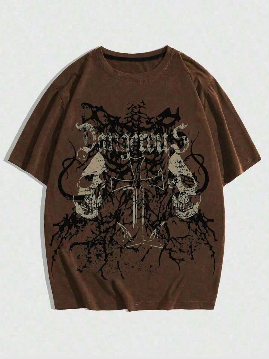 Men's Gothic Dark Skull And Cross T-Shirt 100% Cotton - Rỉ Nâu - Xem 1