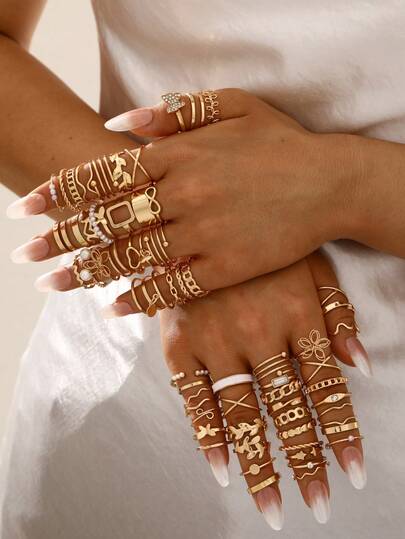 66/58/52/47pcs Women's Vintage Fashion Elegant Boho Minimalist Geometric Leaf, Eye, Moon, Cross, Faux Pearl, Floral Ring Set, Ideal Gift For Holiday Party, Daily Wear, Christmas, Valentine's Day, New Year