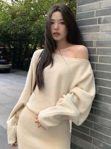 2025新款Y6Y无肩带长袖毛衣连衣裙，配腰带，性感修身包臀连衣裙，秋季款 - 白色 - 查看 11