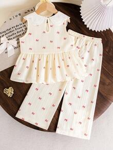 Young Girl' White Bow Collar Set, White Base With Red Bow Print, Elegant Collar Design, Long Sleeve Top + Pants, Suitable For Spring/Autumn School, Family Gatherings, Vacation, Showcasing Sweet And Gentle Girl Vibe. Spring/Summer. - Beige - View 2