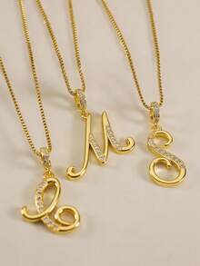 MECYLIFE 1件优雅字母项链，女士水钻字母吊坠项链，配不锈钢链，个性化百搭日常饰品 - 金黃色 - 查看 6