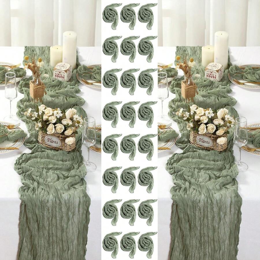 1pc Cheese Cloth Table Runner + 6pcs Cheese Cloth Napkins, Table Runner And Napkin Set, Suitable For Home Decor, Dining Table, Wedding, Birthday Party And Other Occasions - Green - View 1
